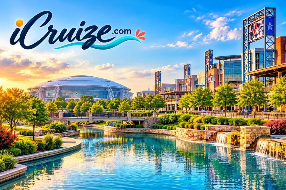 iCruize.com branded illustration of Arlington parkland and stadium skyline
