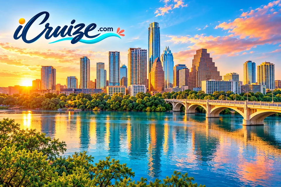 iCruize.com branded illustration of the Austin skyline above Lady Bird Lake