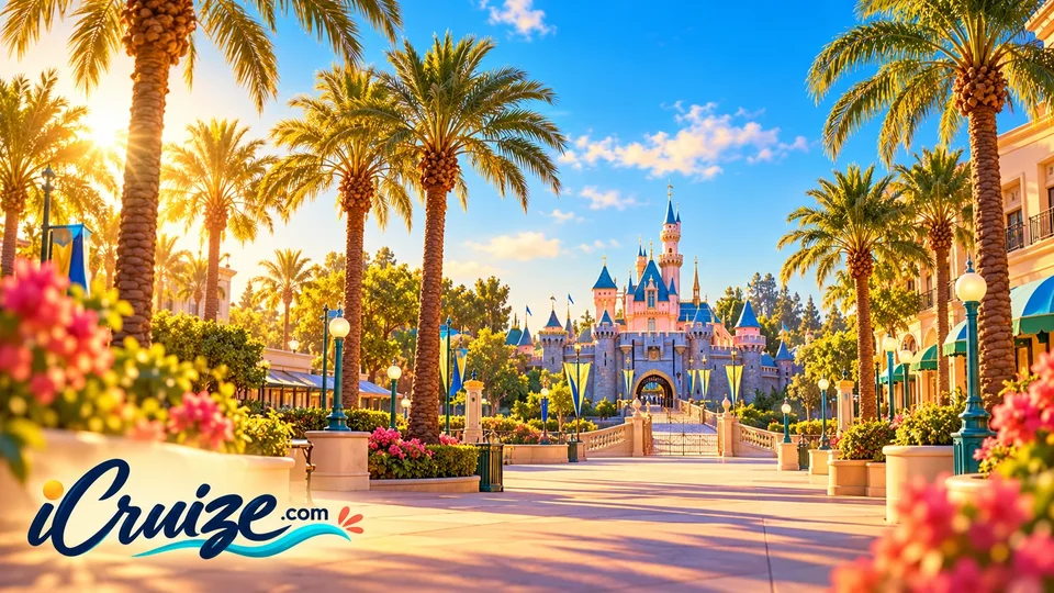 AI-created travel illustration of Anaheim, California, with iCruize.com branding