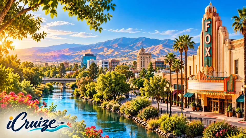 AI-created travel illustration of Bakersfield, California, with iCruize.com branding