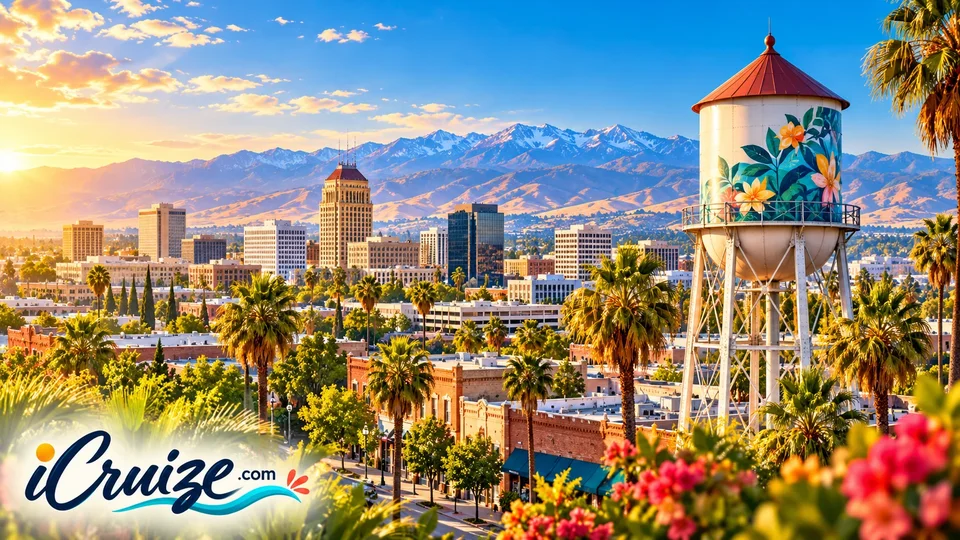 AI-created travel illustration of Fresno, California, with iCruize.com branding