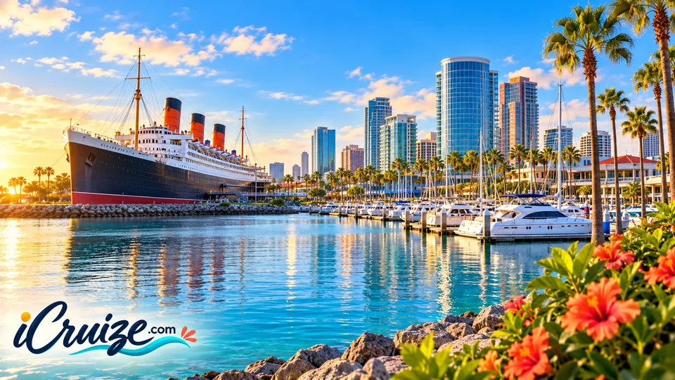 AI-created travel illustration of Long Beach, California, with iCruize.com branding