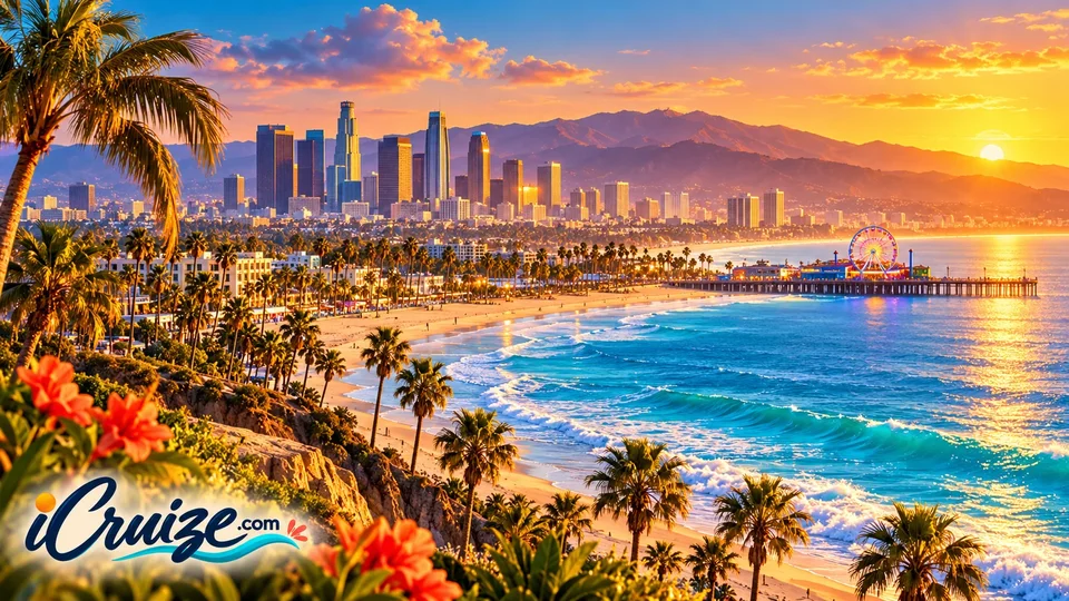 AI-created travel illustration of Los Angeles, California, with iCruize.com branding