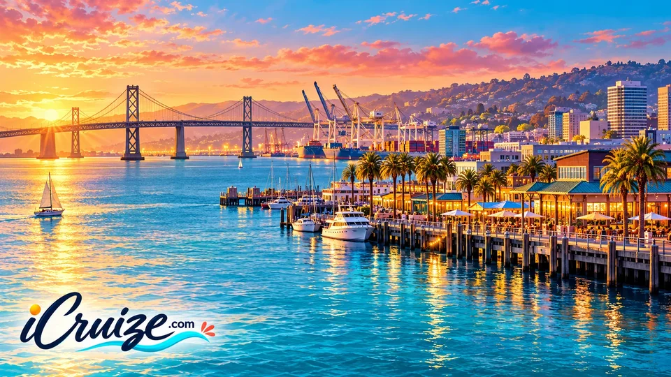 AI-created travel illustration of Oakland, California, with iCruize.com branding