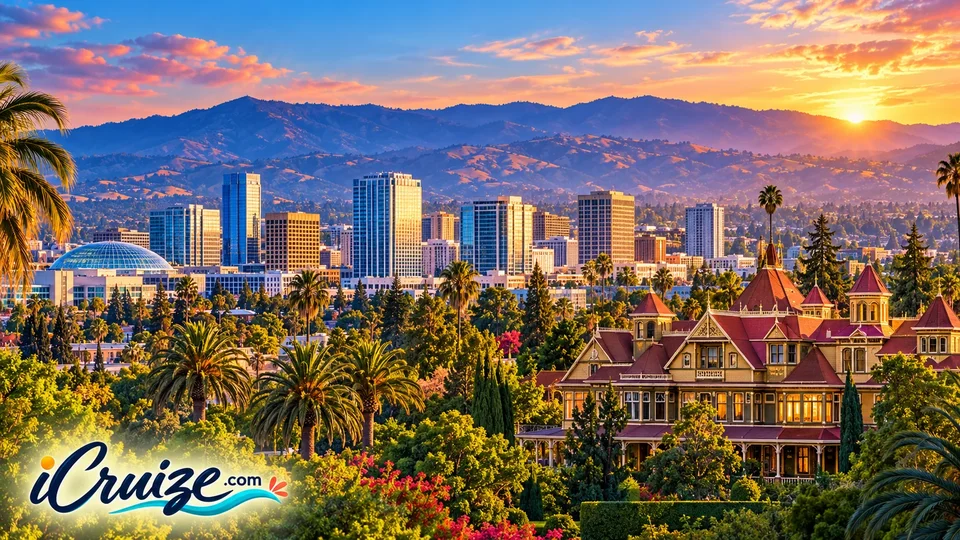 AI-created travel illustration of Riverside, California, with iCruize.com branding