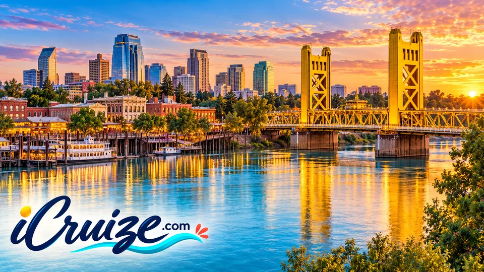 Original iCruize.com travel illustration of Sacramento’s Tower Bridge, Sacramento River, Old Sacramento waterfront, and skyline at sunset