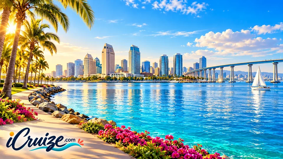 AI-created travel illustration of San Diego, California, with iCruize.com branding