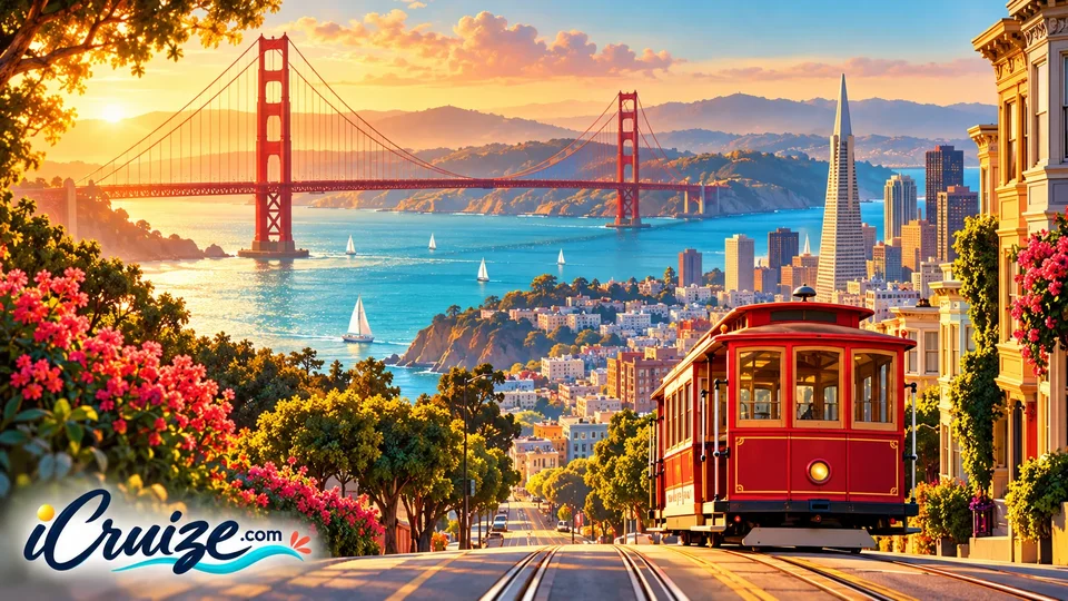 AI-created travel illustration of San Francisco, California, with iCruize.com branding
