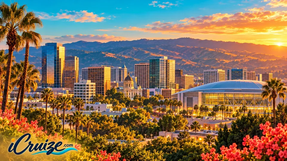 AI-created travel illustration of San Jose, California, with iCruize.com branding