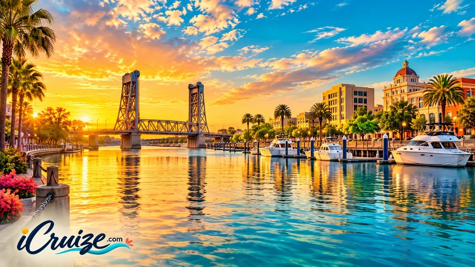 AI-created travel illustration of Stockton, California, with iCruize.com branding