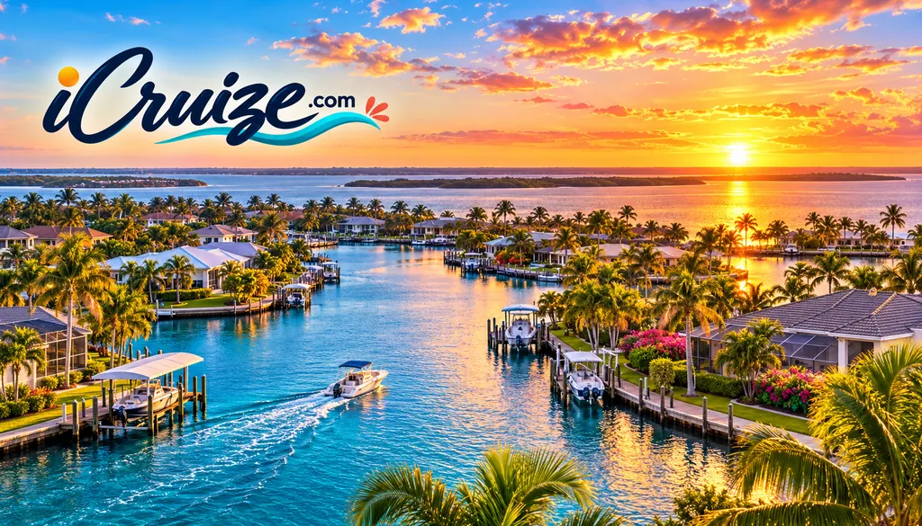 AI-created travel illustration inspired by Cape Coral, Florida, with iCruize.com branding