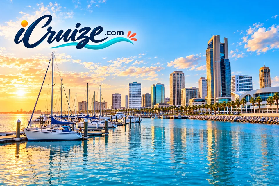 iCruize.com branded illustration of Corpus Christi Bay with sailboats and skyline