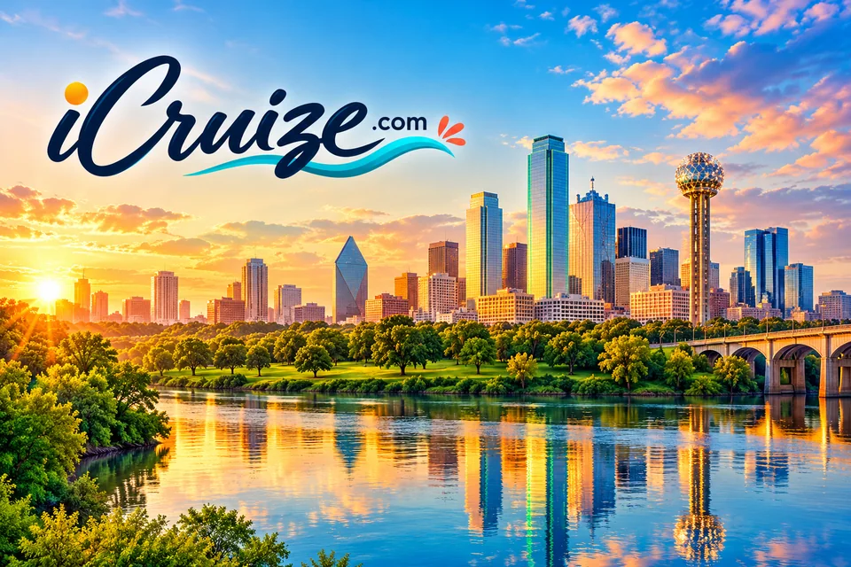 iCruize.com branded illustration of the Dallas skyline and Reunion Tower reflected in the river