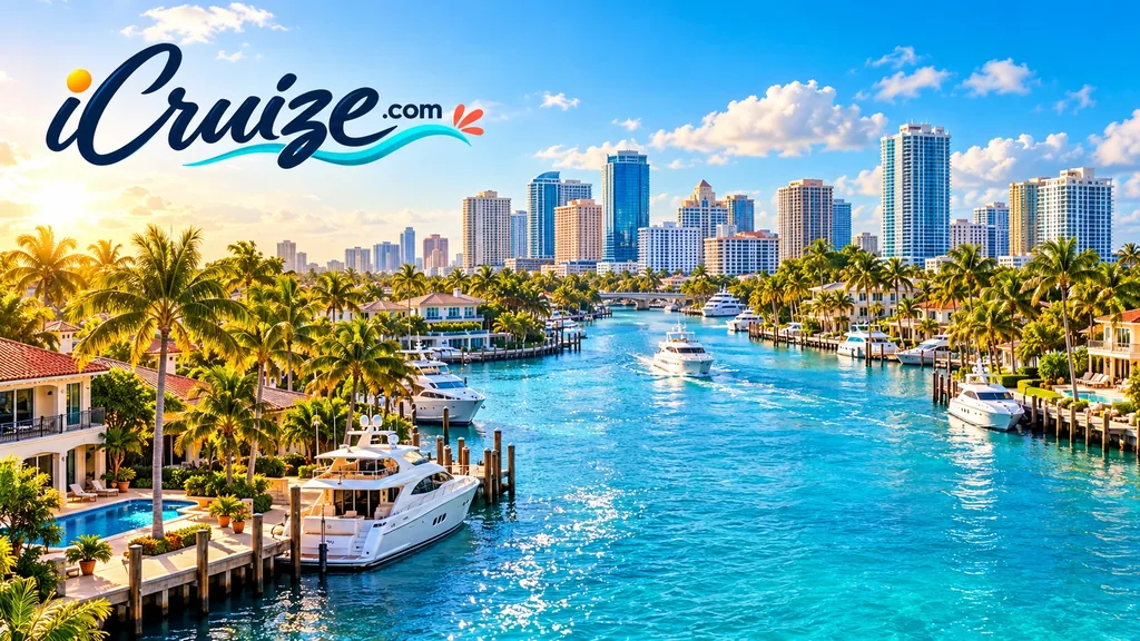 AI-created travel illustration of Fort Lauderdale, Florida, with iCruize.com branding