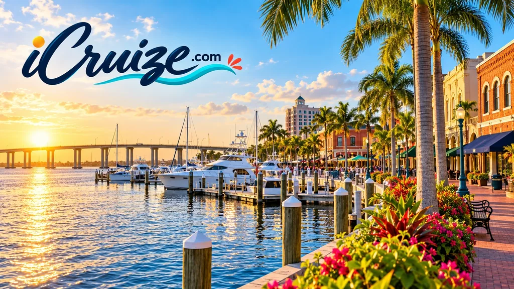 AI-created travel illustration of Fort Myers, Florida, with iCruize.com branding