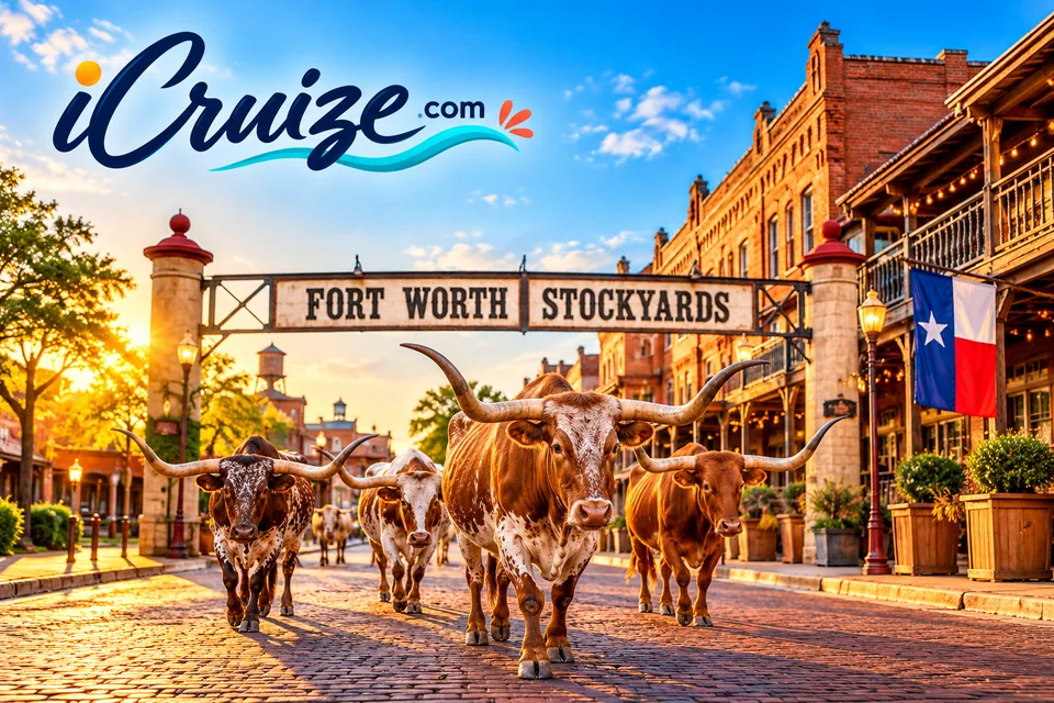 iCruize.com branded illustration of the Fort Worth Stockyards at golden hour