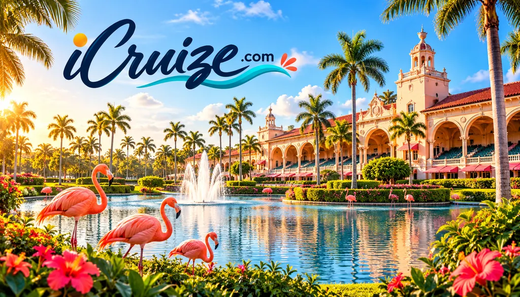 AI-created travel illustration inspired by Hialeah, Florida, with iCruize.com branding