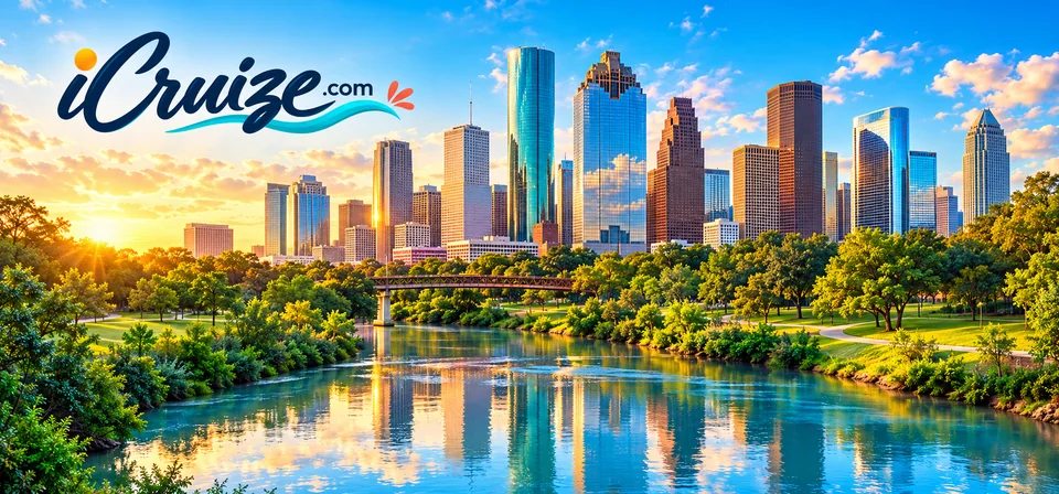iCruize.com branded illustration of the Houston skyline beside Buffalo Bayou at sunset