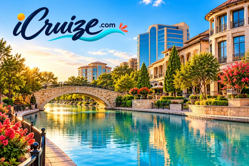iCruize.com branded illustration of the Mandalay Canal in Las Colinas, Irving