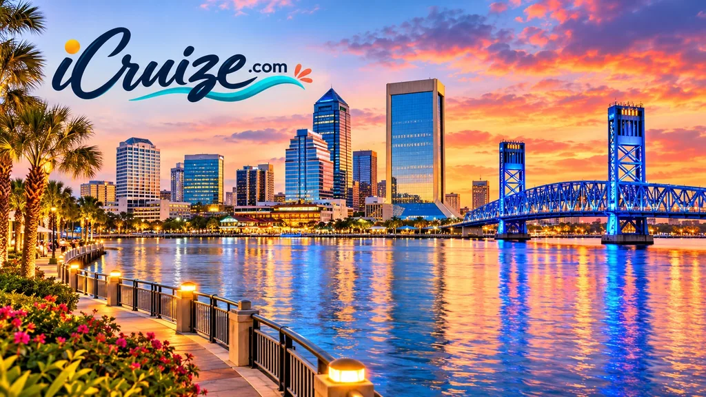 AI-created travel illustration of Jacksonville, Florida, with iCruize.com branding