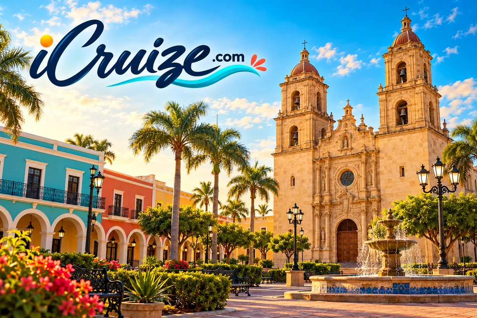 iCruize.com branded illustration of Laredo's historic plaza and cathedral