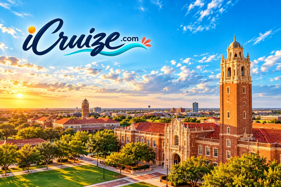 iCruize.com branded illustration of Texas Tech and the Lubbock skyline under West Texas skies