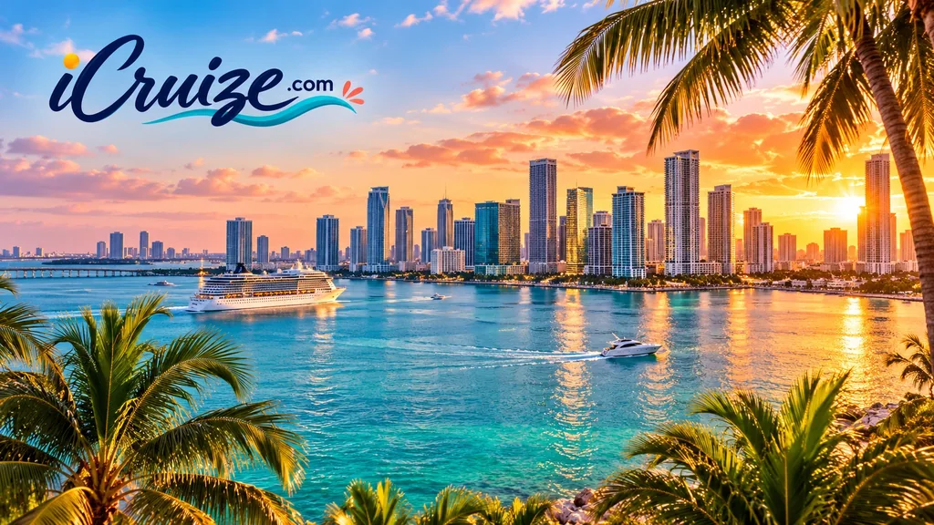 AI-created travel illustration of Miami, Florida, with iCruize.com branding