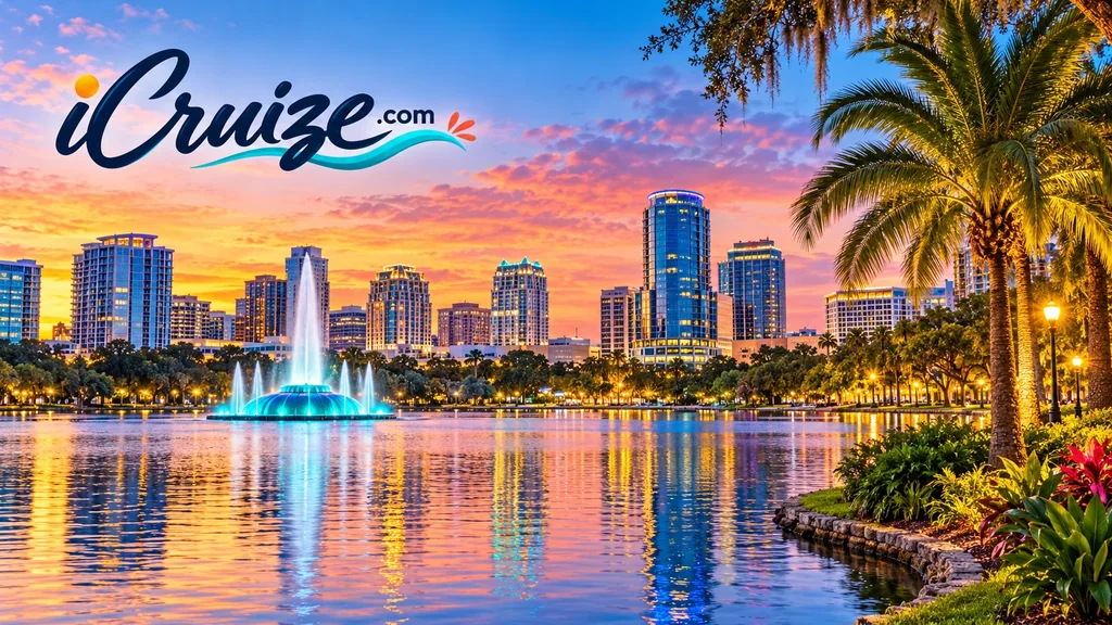 AI-created travel illustration of Orlando, Florida, with iCruize.com branding