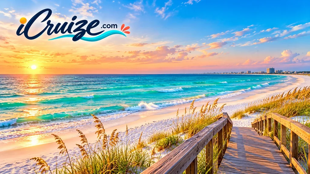 AI-created travel illustration of Pensacola, Florida, with iCruize.com branding