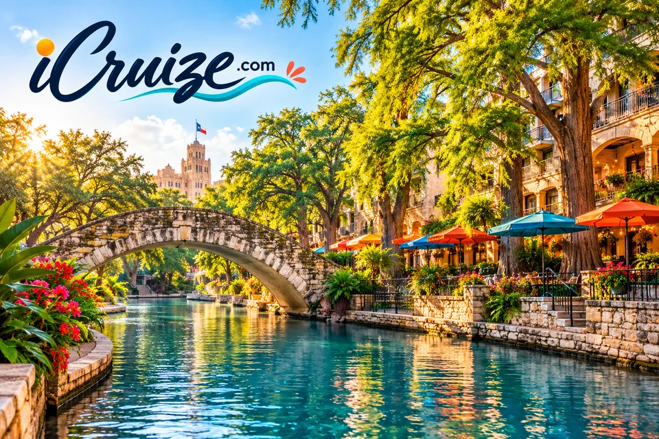 iCruize.com branded illustration of the San Antonio River Walk in warm sunlight