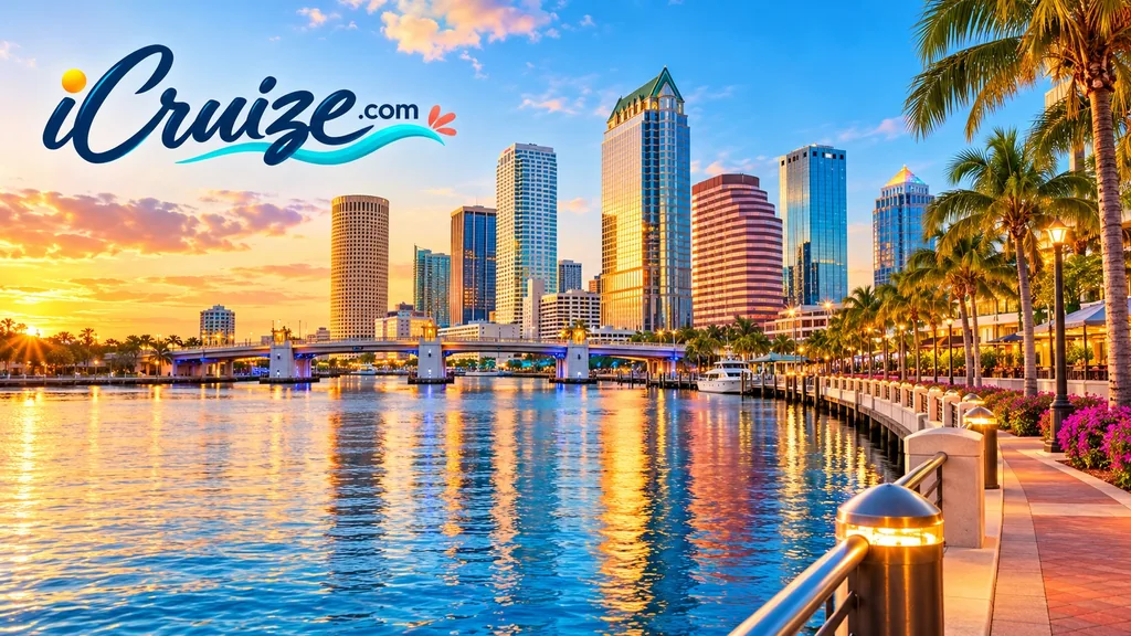 AI-created travel illustration of Tampa, Florida, with iCruize.com branding