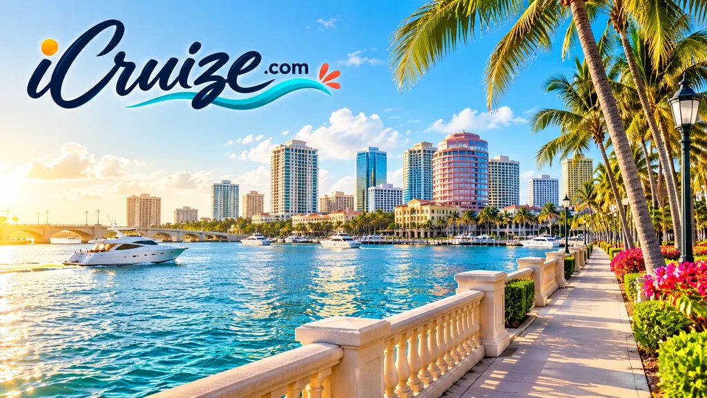 AI-created travel illustration of West Palm Beach, Florida, with iCruize.com branding